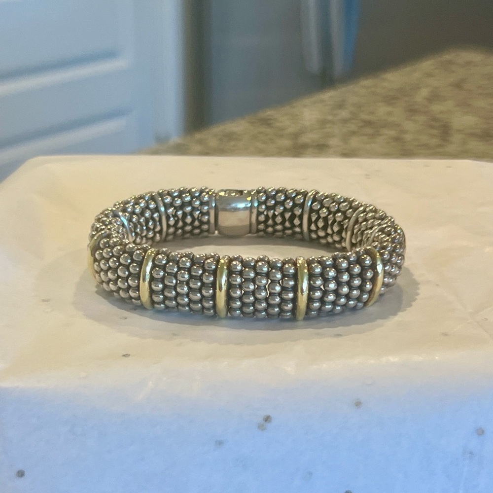 LAGOS Silver Beaded Bracelet with Gold Bands - Picture 6 of 11